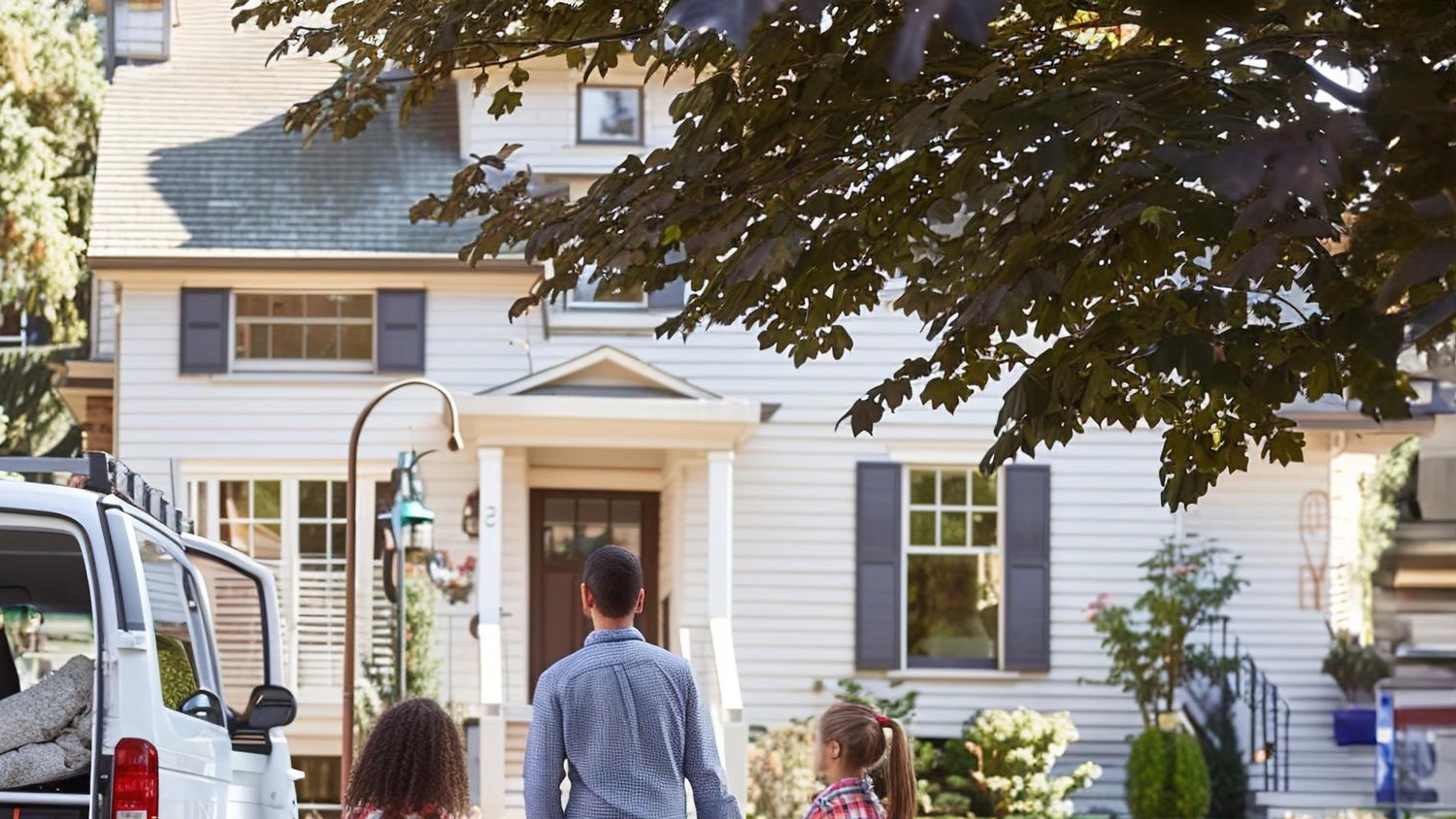 Family moving out of house loading moving van in driveway