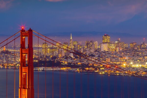 Downtow city skyline and famous Golden Gate Bridge, San Francisco in California USA at sunset
