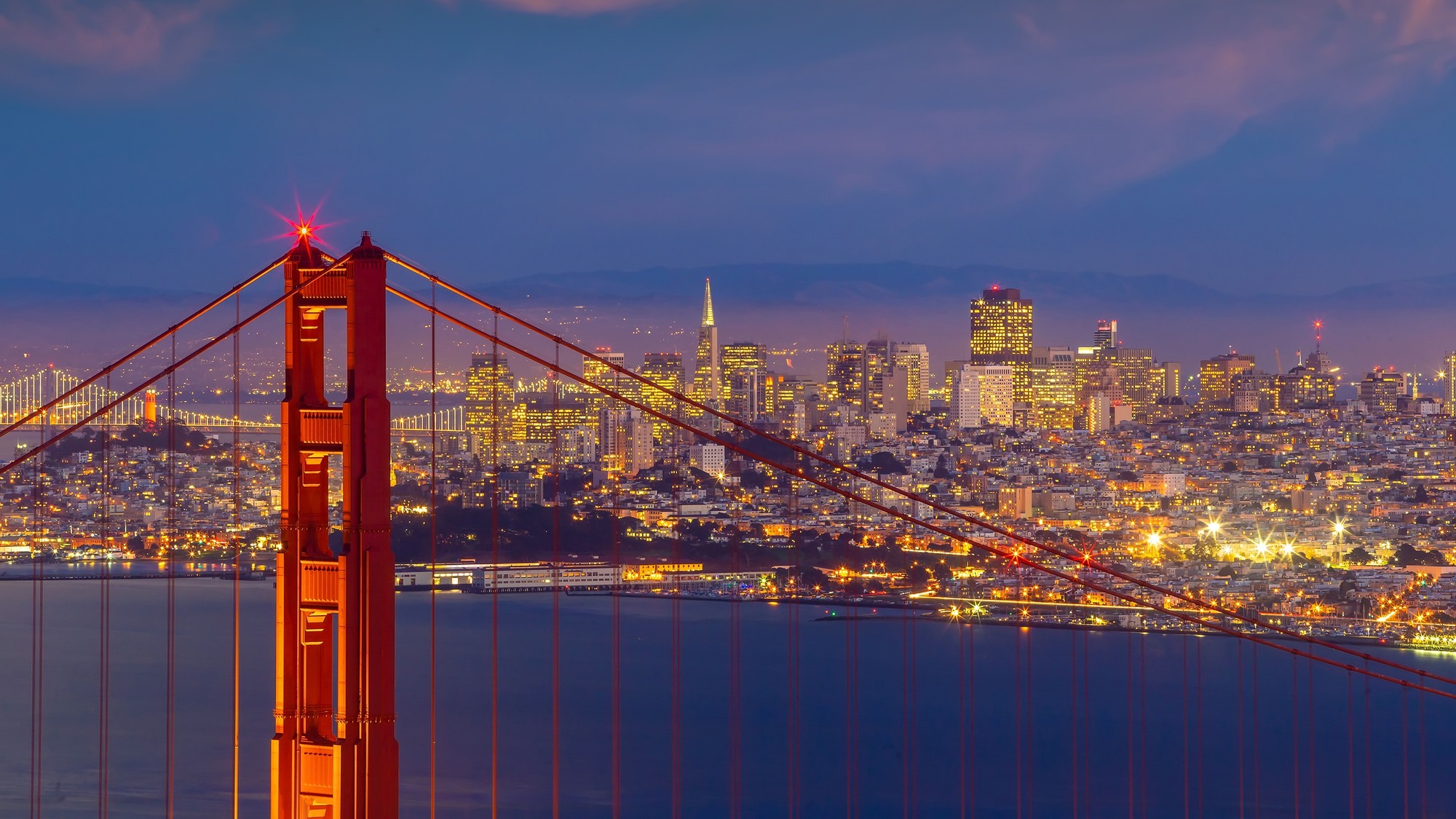 Downtow city skyline and famous Golden Gate Bridge, San Francisco in California USA at sunset