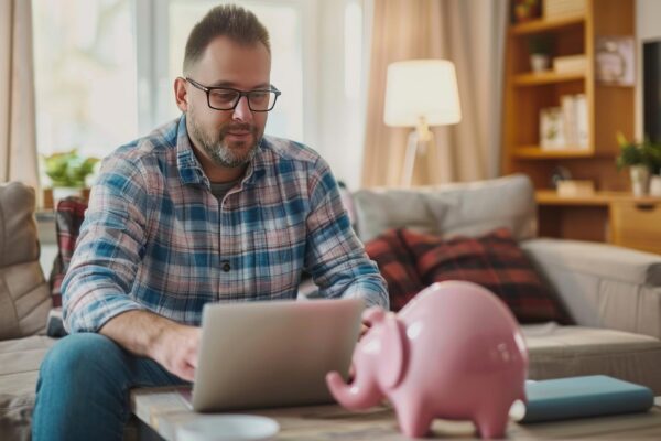 Man working at home Using Laptop On Dining Table save money for the family