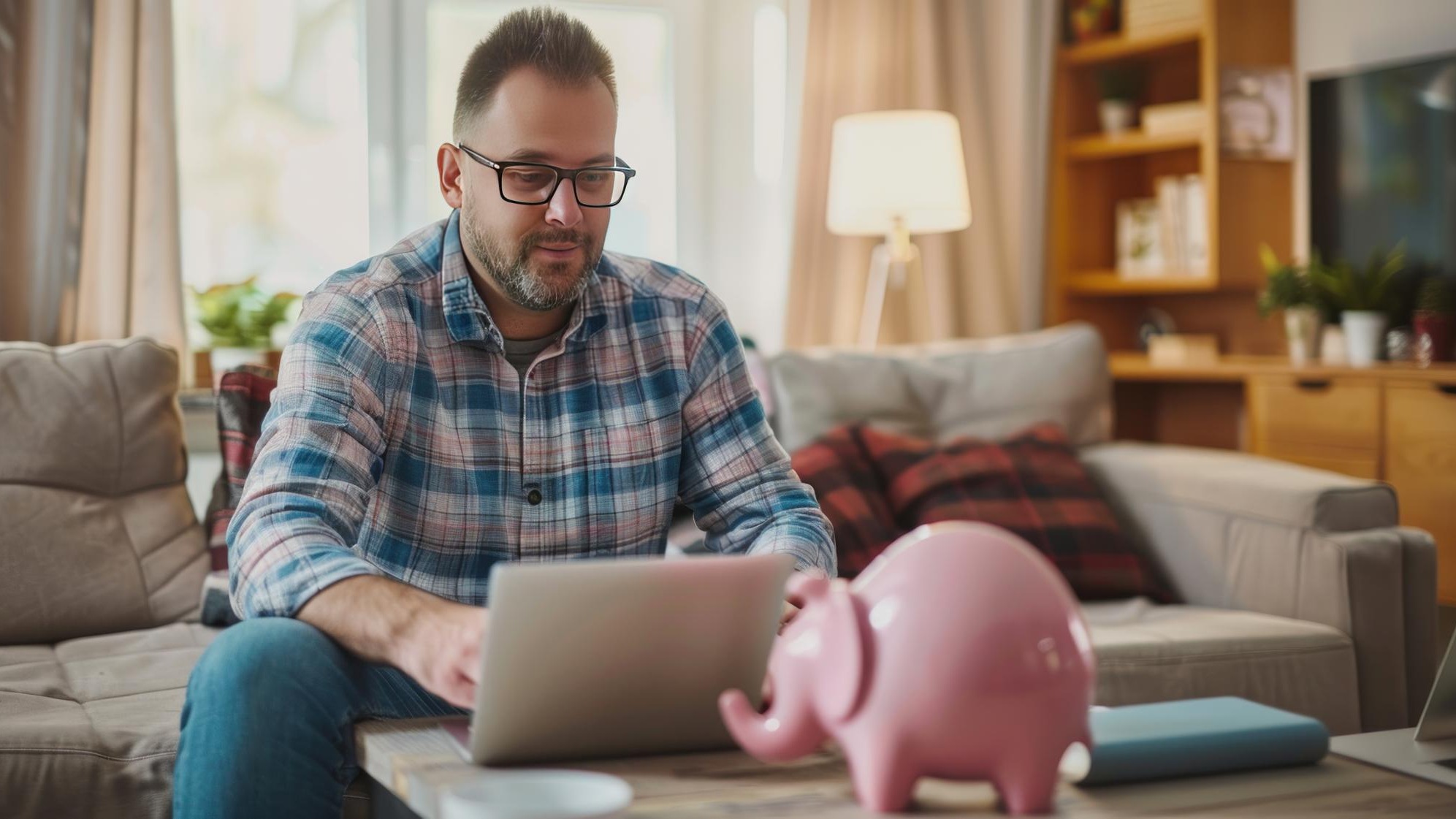 Man working at home Using Laptop On Dining Table save money for the family