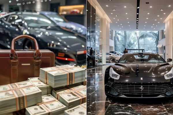 Luxury Car Dealership with Stacks of Cash and a Leather Briefcase