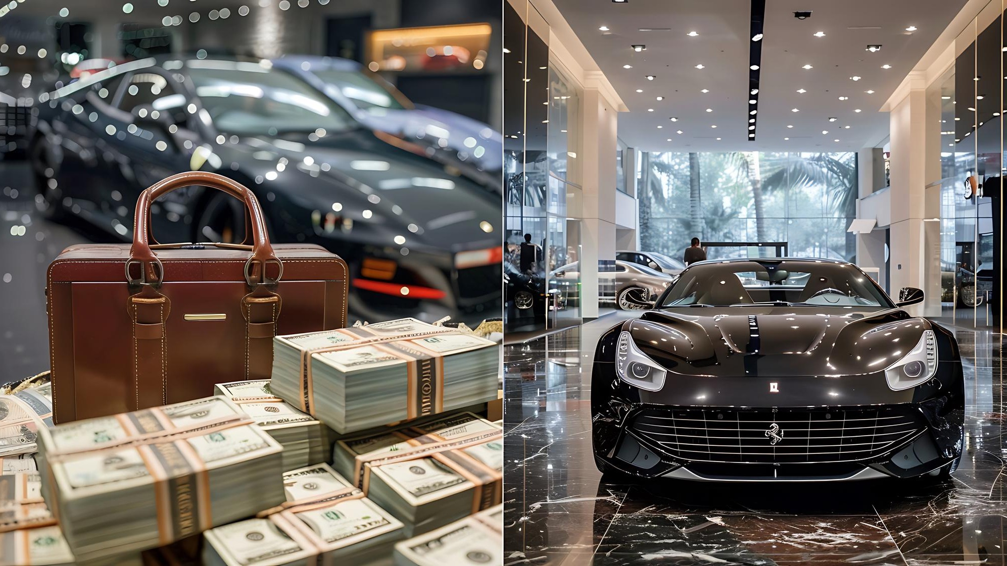 Luxury Car Dealership with Stacks of Cash and a Leather Briefcase