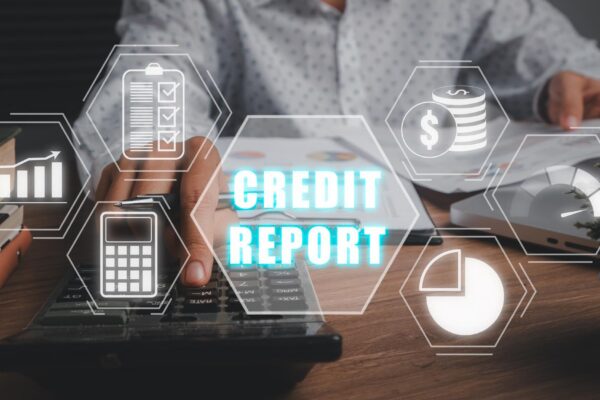 Credit report concept Business woman using calculator and business paper with credit report icon on virtual screen