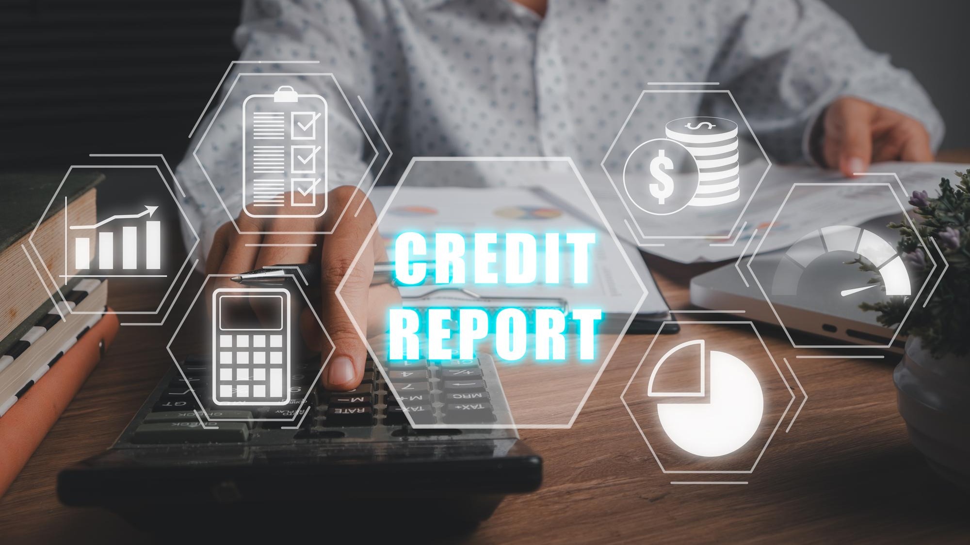 Credit report concept Business woman using calculator and business paper with credit report icon on virtual screen