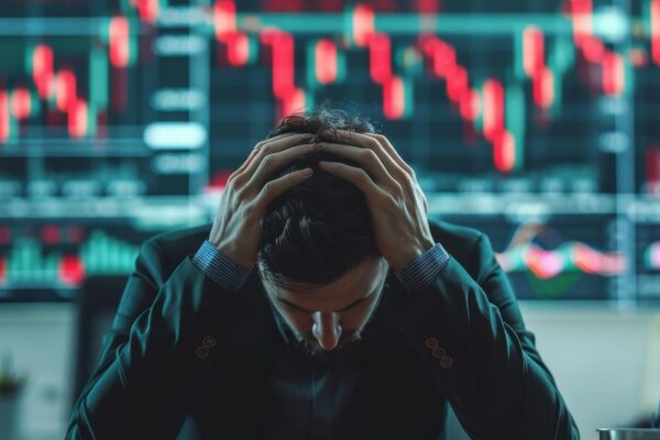 Businessperson holding head in hands at desk with falling stock charts