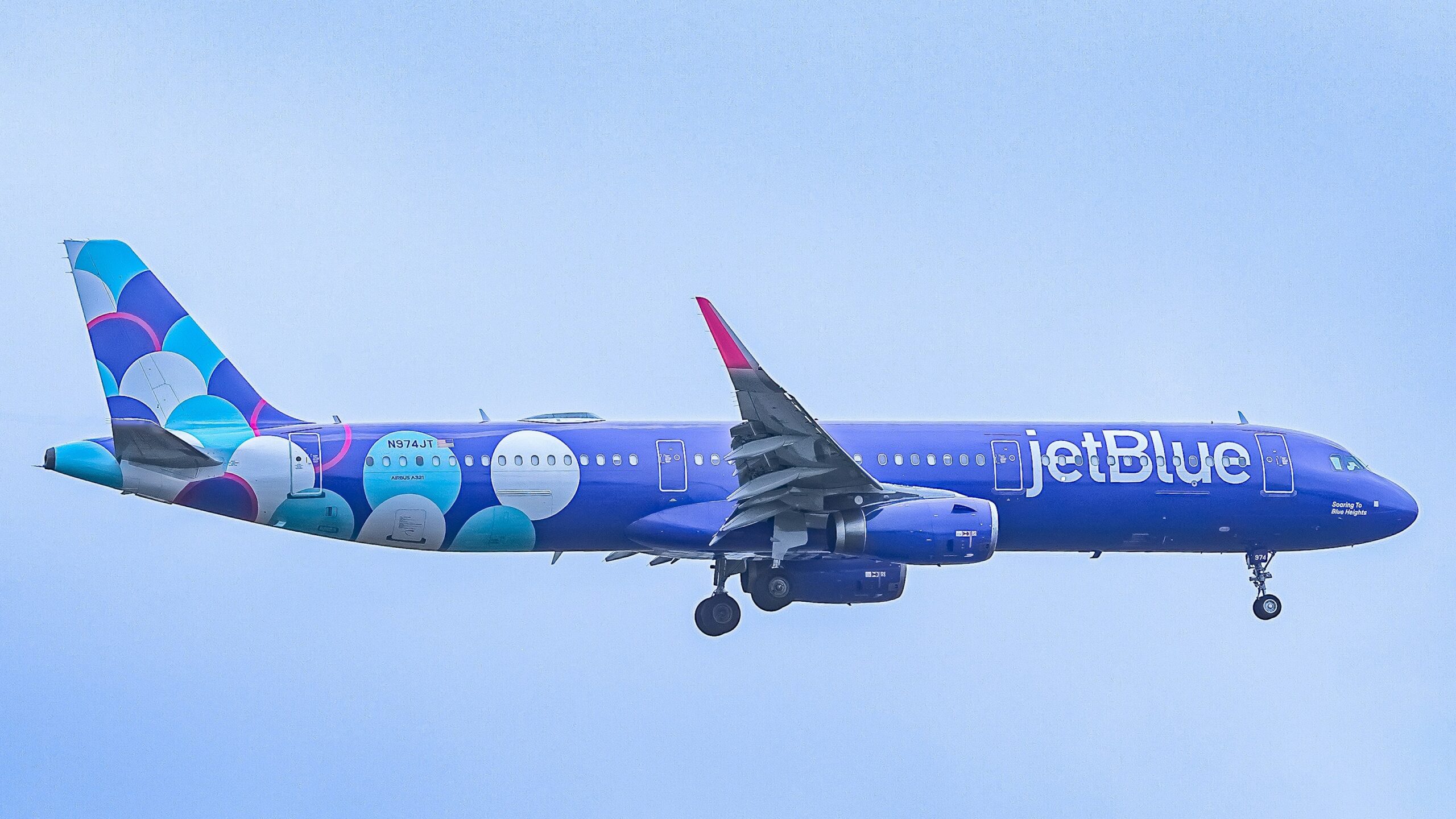 A blue jetblue airplane flying in the sky.