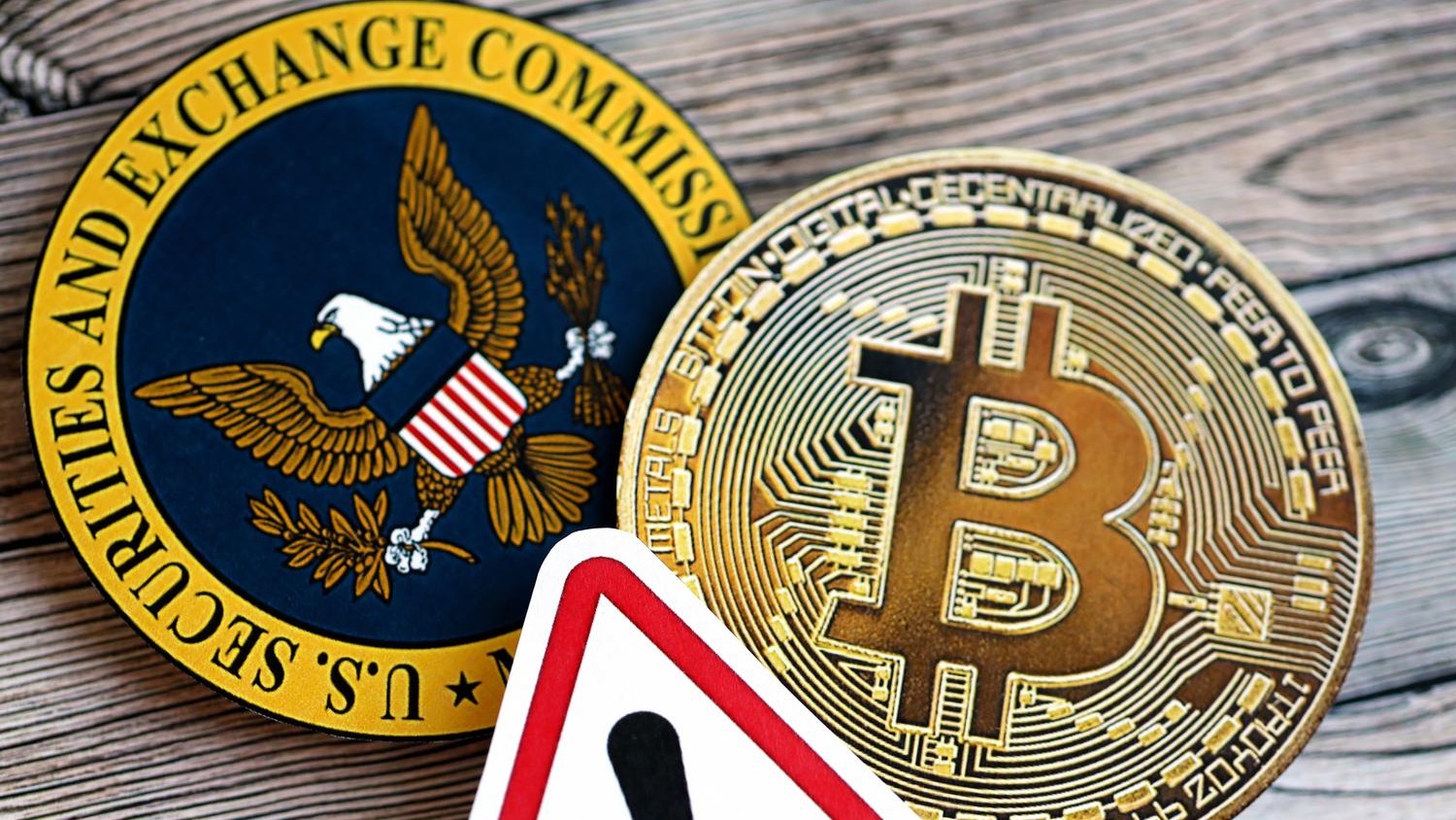 Bitcoin BTC coin and red paper attention sign with Securities and Exchange Commission on wooden background