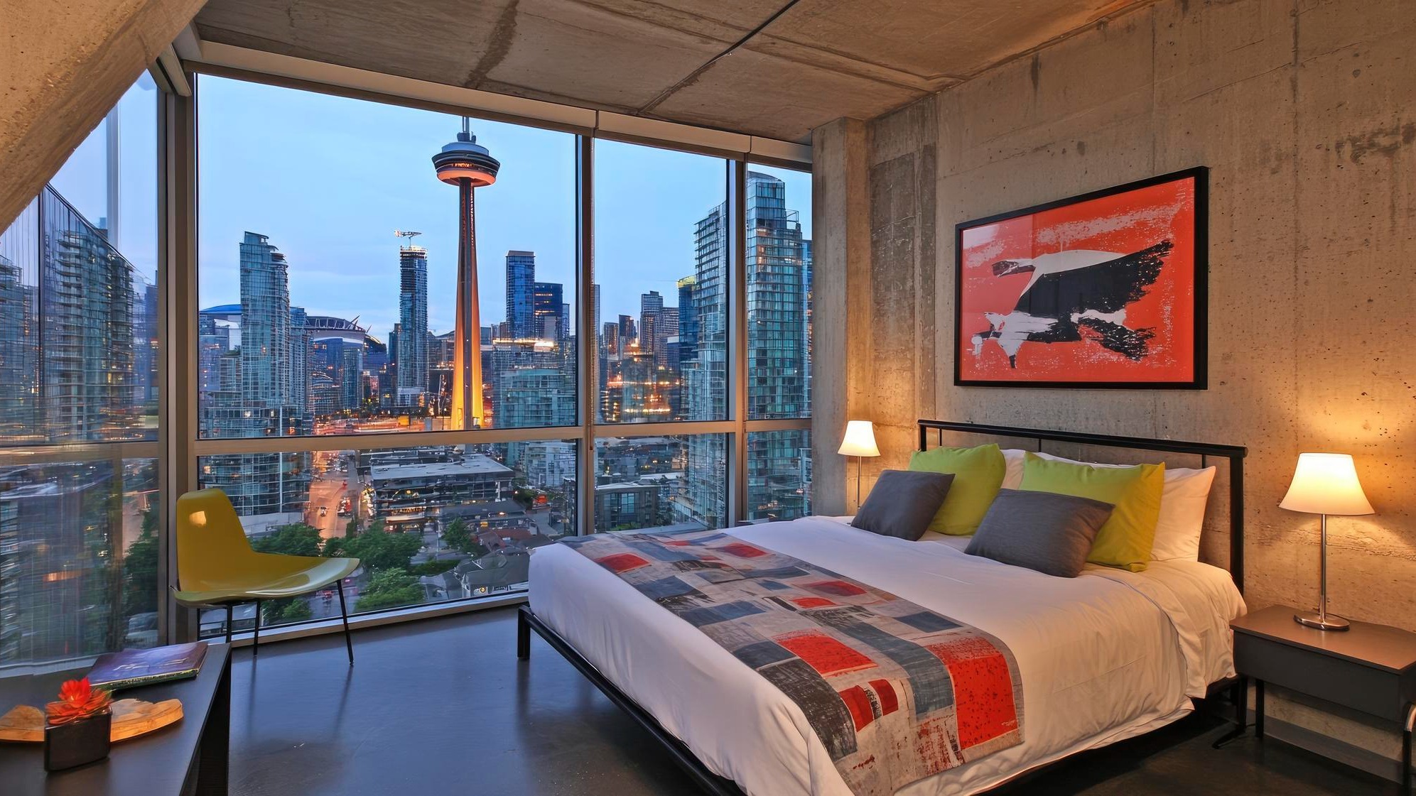 Modern bedroom with city skyline view at dusk
