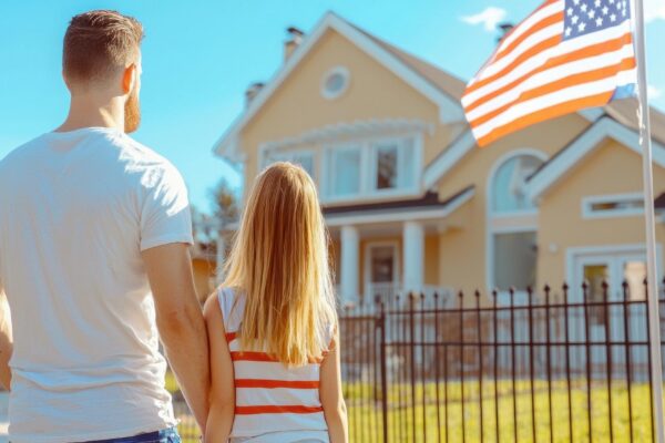 a man and a woman are standing in front of a house with a flag that says quot family quot