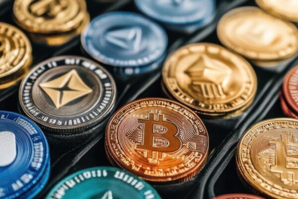 A collection of various cryptocurrency coins displayed in a neat arrangement
