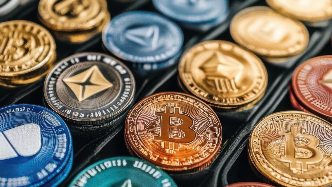 A collection of various cryptocurrency coins displayed in a neat arrangement