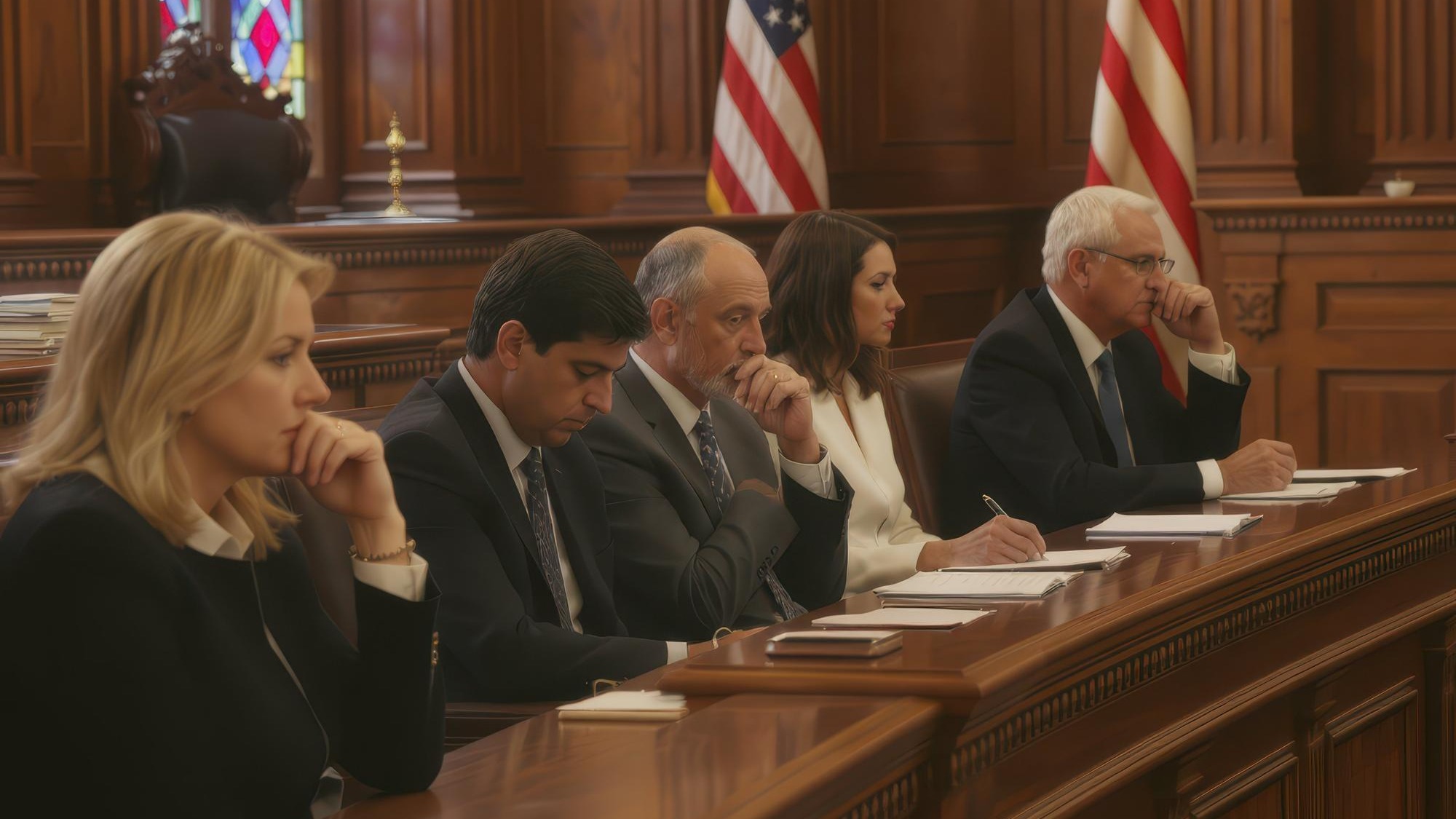 Group of Legal Professionals in Serious Discussion in Courtroom Setting