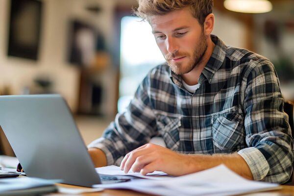 a man sits at a desk with a laptop and a paper on his lap top