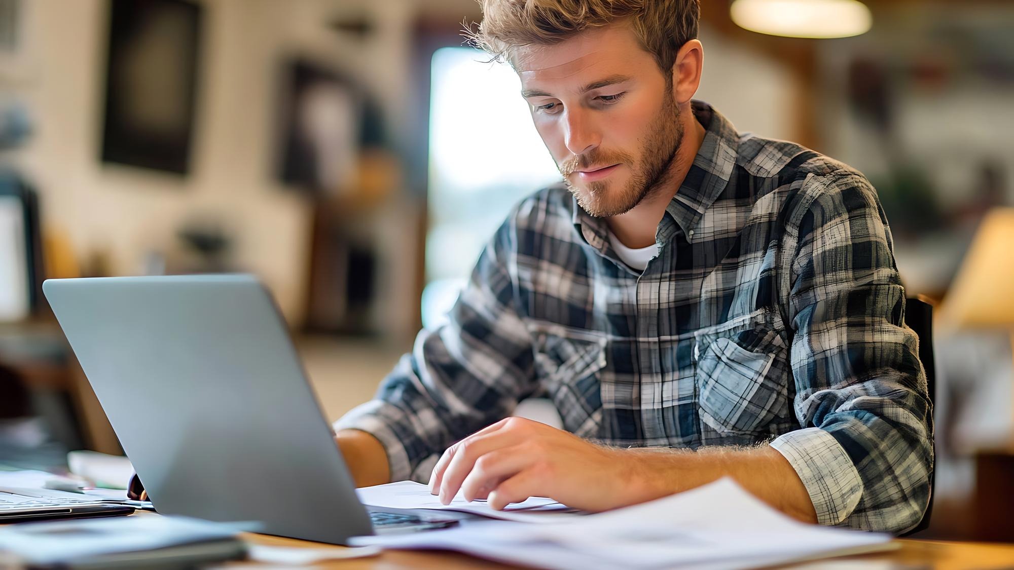 a man sits at a desk with a laptop and a paper on his lap top