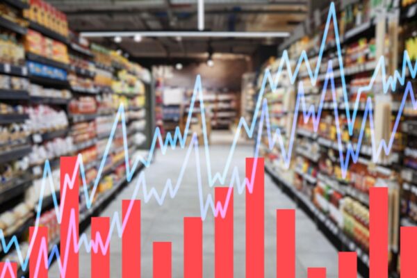 Chart double exposure and supermarket for inflation increase in cost of living crisis with stats numbers or data Graph analytics and percentage for economy gdp growth and shopping mall for food