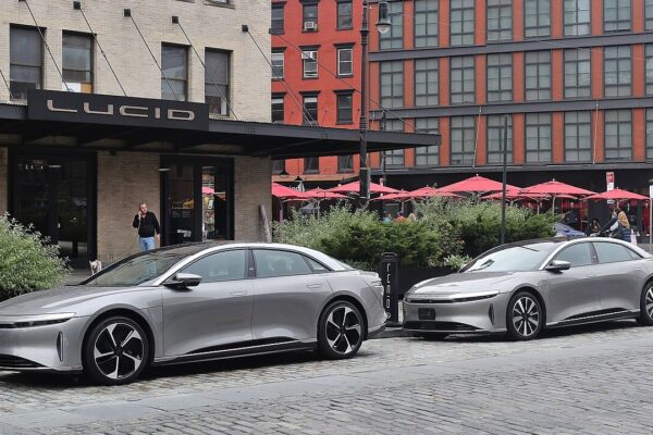 Lucid Studio New York City in Meatpacking District with two Lucid Air vehicles parked out front on street  This image was created with Hugin by DutchTreat. Projection: Rectilinear (0) FOV: 63 x 32 Ev: 12.27