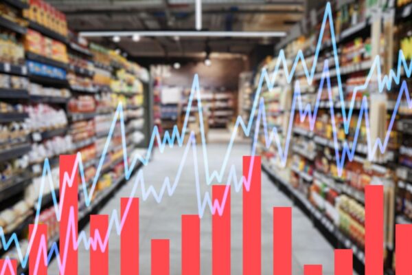 Chart double exposure and supermarket for inflation increase in cost of living crisis with stats numbers or data Graph analytics and percentage for economy gdp growth and shopping mall for food