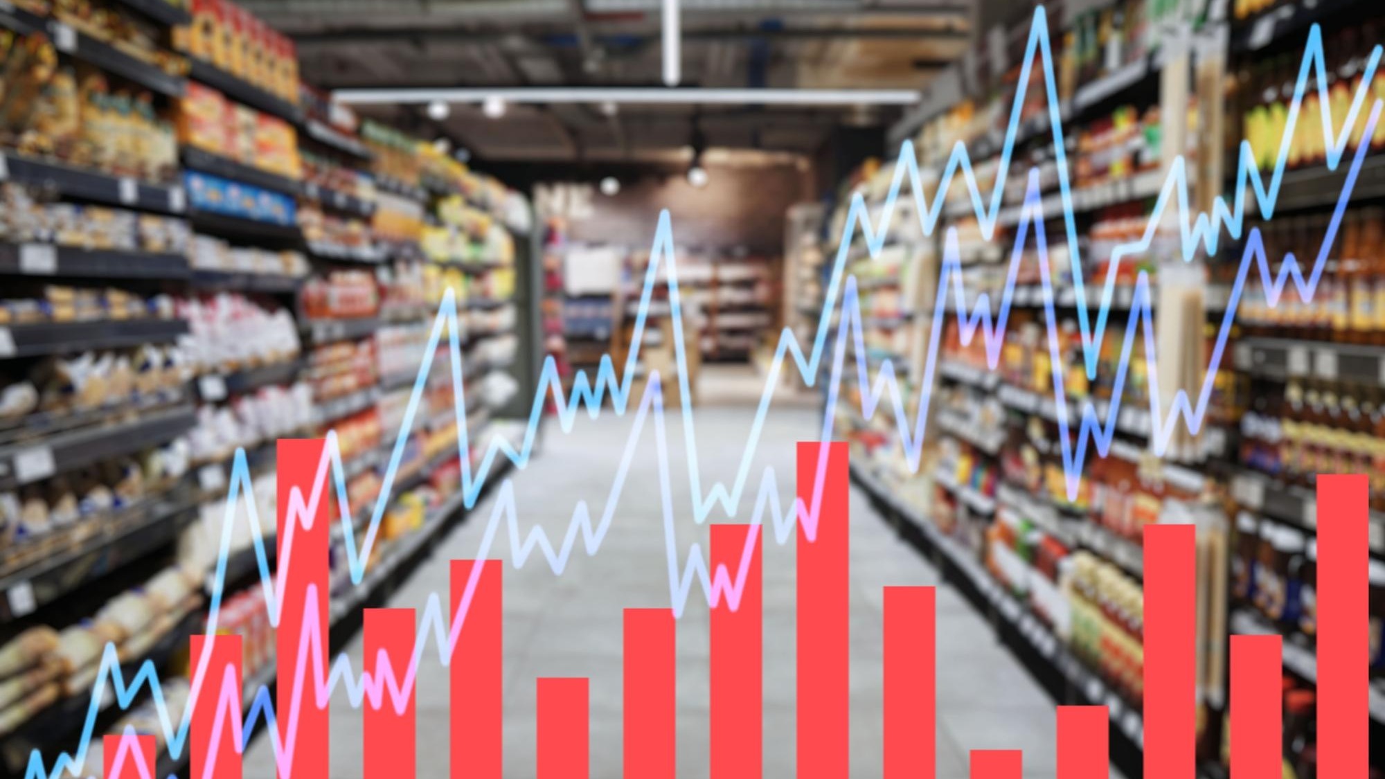 Chart double exposure and supermarket for inflation increase in cost of living crisis with stats numbers or data Graph analytics and percentage for economy gdp growth and shopping mall for food