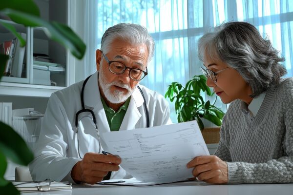 Doctor reviewing medical records with an elderly couple at their home calm watercolor background personalized healthcare planning