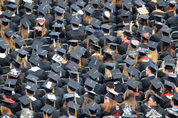 aerial view of graduates wearing hats