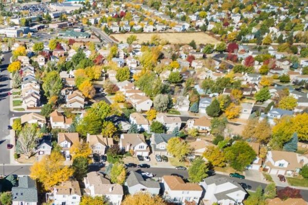 Aerial view of residential neighborhood in the Autumn.