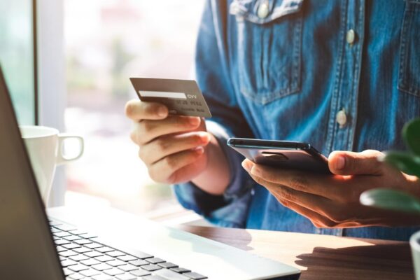 businessmen use credit cards through mobile internet banking apps shop online digital payment ideas