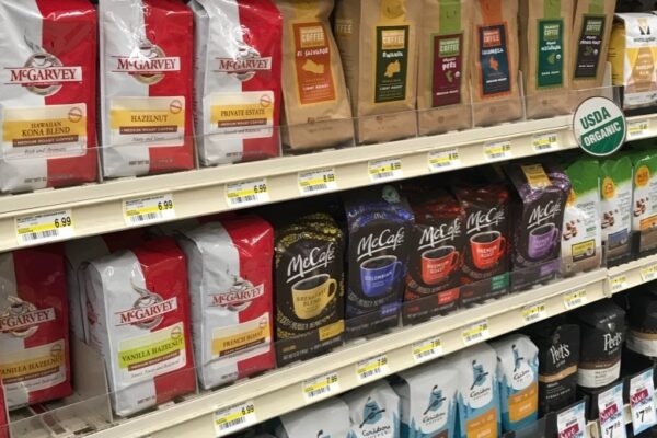 Bags of coffee at a grocery store