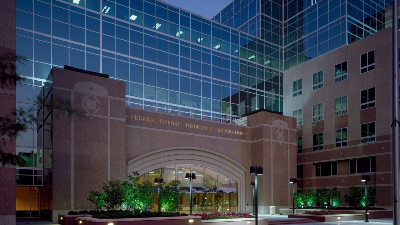 Title: Federal Deposit Insurance Corporation offices in Arlington, Virginia Physical description: 1 transparency : color ; 4 x 5 in. or smaller Notes: Title, date, and keywords provided by the photographer.; Digital image produced by Carol M. Highsmith to represent her original film transparency; some details may differ between the film and the digital images.; Forms part of the Selects Series in the Carol M. Highsmith Archive.; Gift and purchase; Carol M. Highsmith; 2011; (DLC/PP-2011:124).; Credit line: Photographs in the Carol M. Highsmith Archive, Library of Congress, Prints and Photographs Division.