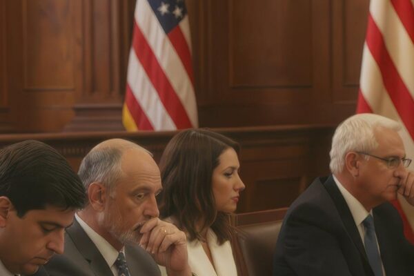 Group of Legal Professionals in Serious Discussion in Courtroom Setting