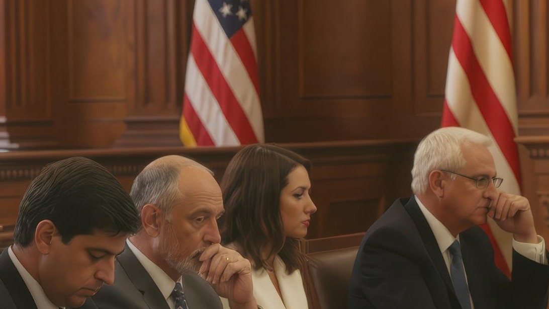 Group of Legal Professionals in Serious Discussion in Courtroom Setting