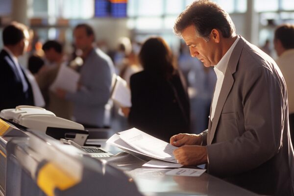 A customs inspector reviewing documents at a busy airport terminal with travelers in the background