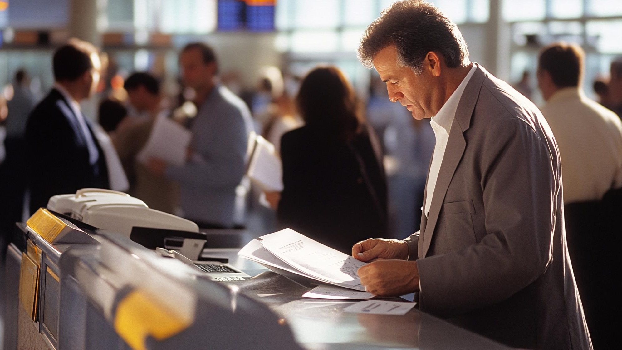 A customs inspector reviewing documents at a busy airport terminal with travelers in the background