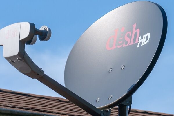 Dish Network HD satellite dish (DISH 1000+) with a western arc Low-noise block downconverter.