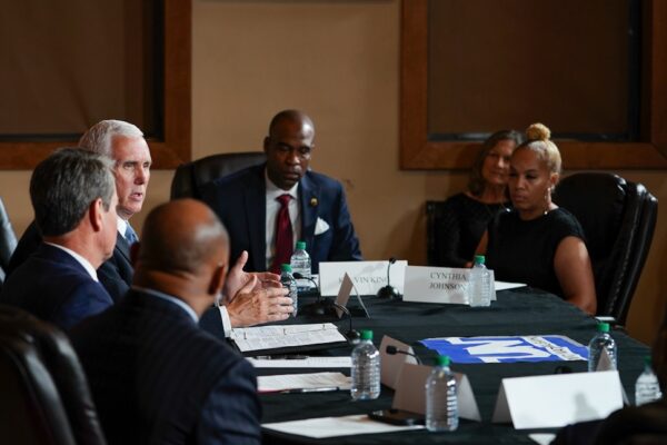 Vice President Mike Pence participates in a conversation with small business owners at Unity National Bank in Atlanta Friday, May 29, 2020, to discuss reopening. (Official White House Photo by D. Myles Cullen)