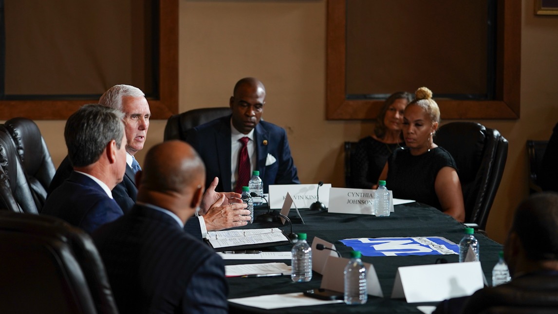 Vice President Mike Pence participates in a conversation with small business owners at Unity National Bank in Atlanta Friday, May 29, 2020, to discuss reopening. (Official White House Photo by D. Myles Cullen)