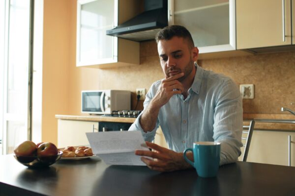 Man reading a document in a kitchen