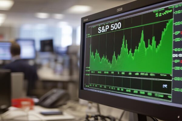 S and P 500 stock market chart showing a strong upward trend on a monitor in a modern trading office
