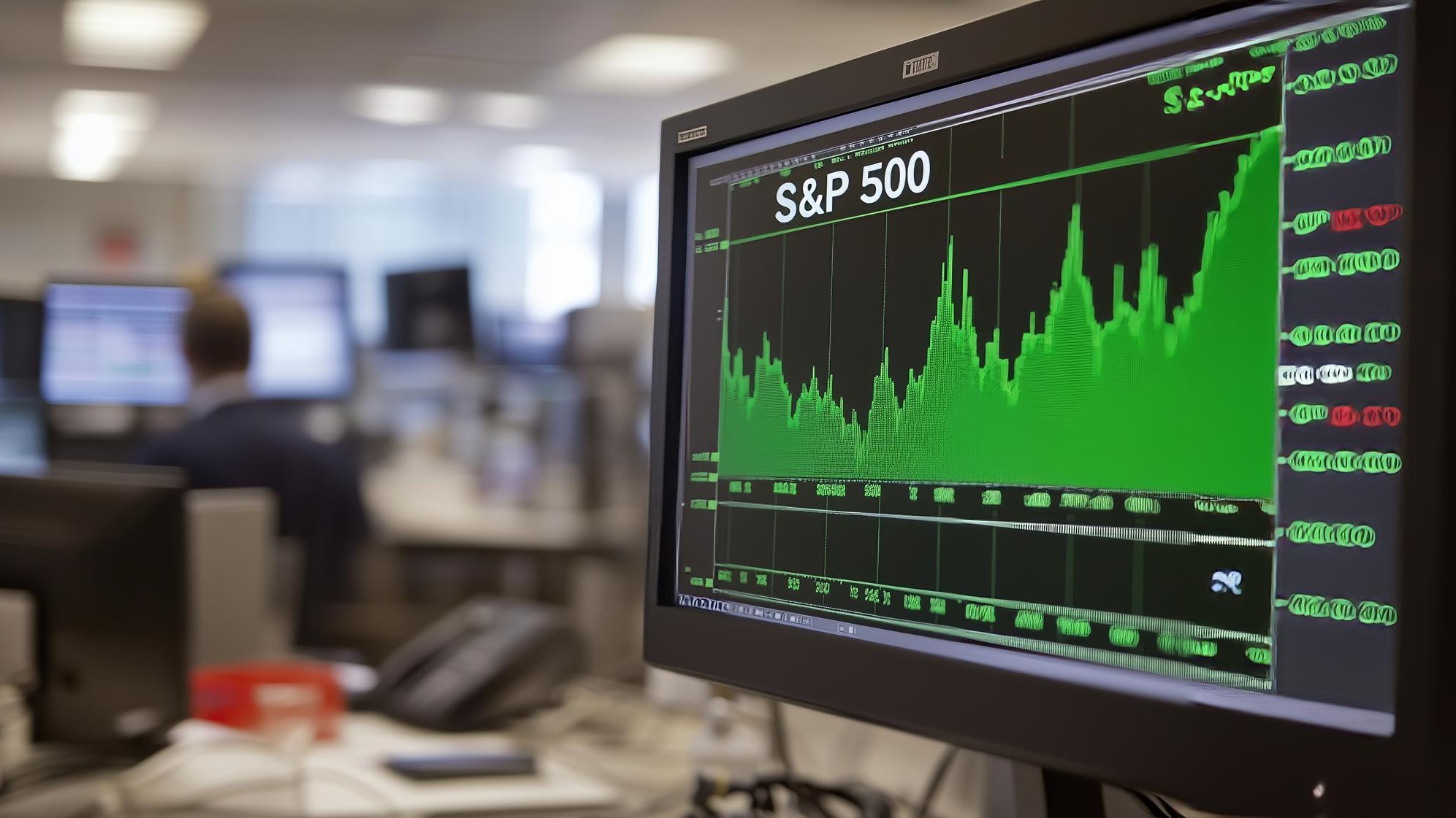 S and P 500 stock market chart showing a strong upward trend on a monitor in a modern trading office