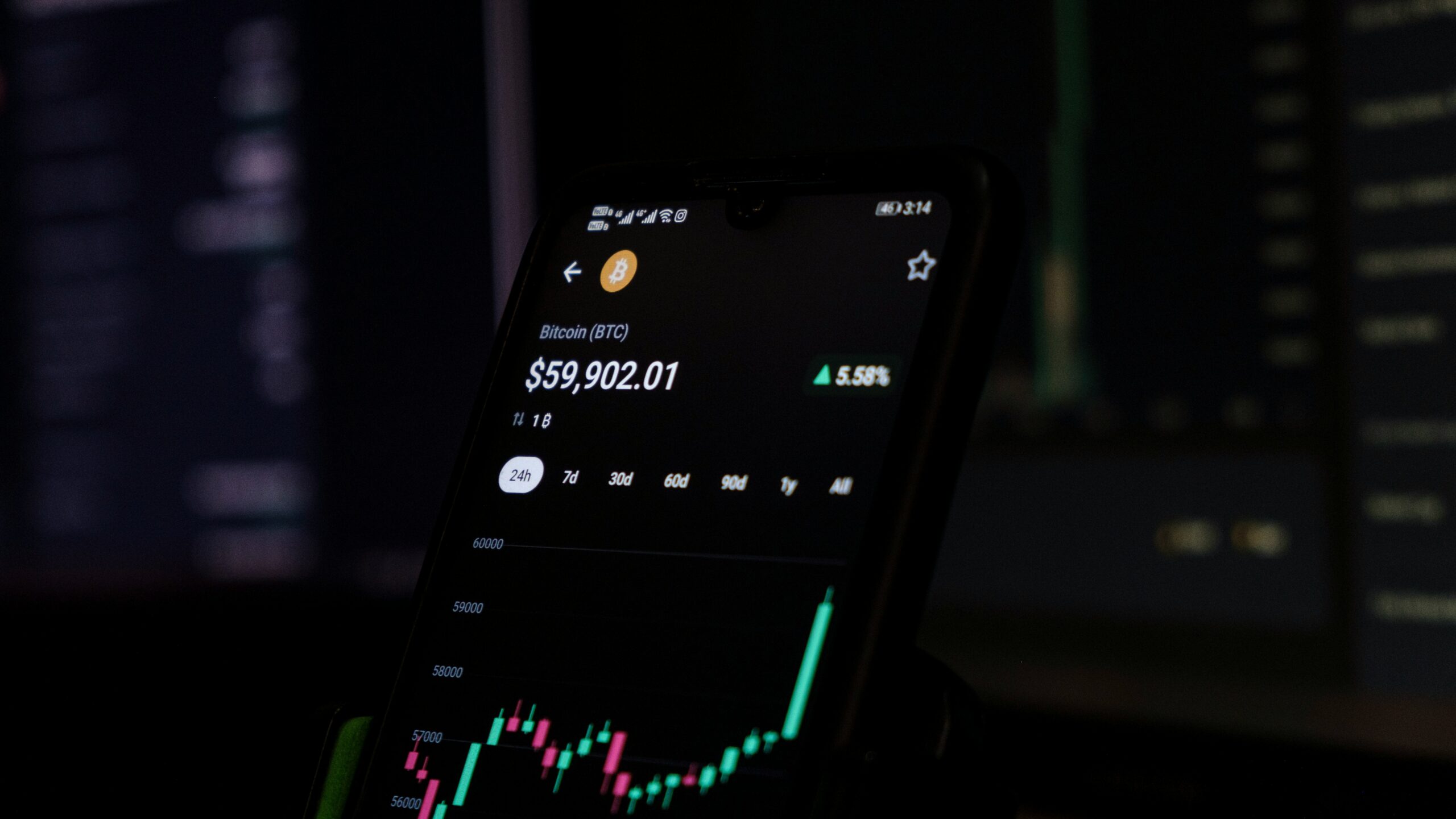 a cell phone displaying a stock chart on the screen