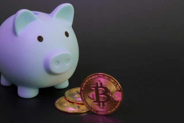 Piggy bank with bitcoin cryptocurrency.