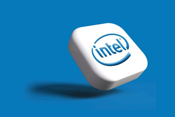 the intel logo is shown on a white cube