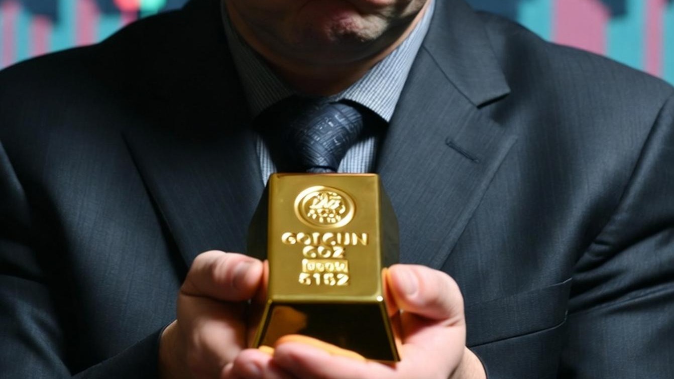 Worried Investor Holding Gold Bar Amidst Market Downturn