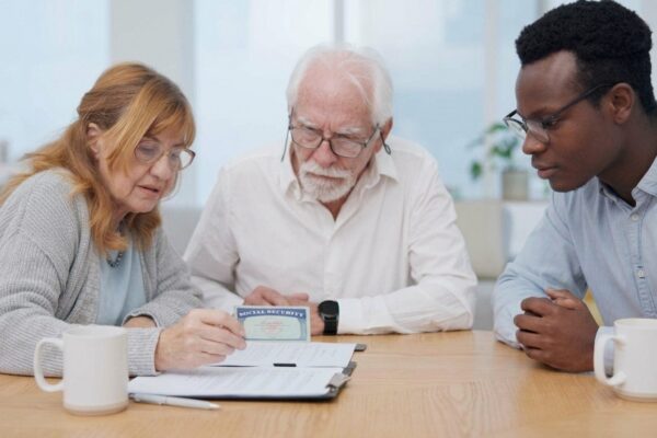 Senior couple insurance and contract with financial advisor and retirement plan to sign Document pension and business analyst with information and paperwork in office for signature of will