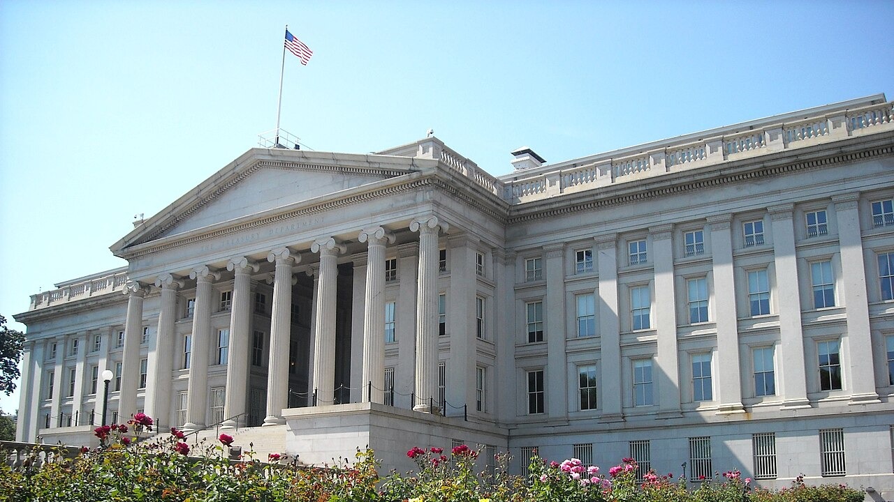 Rear view of the Treasury Department building in Washington, D.C. The building is a National Historic Landmark.