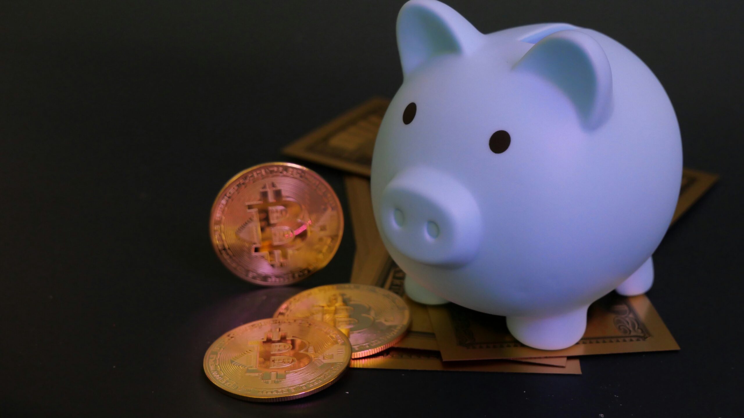 Piggy bank with bitcoin coins.