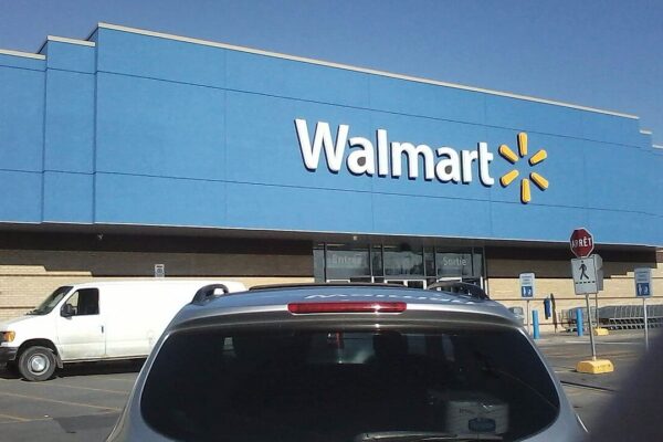 Walmart outdoor entrance (former Zellers) photographed in Pincourt, Quebec, Canada.