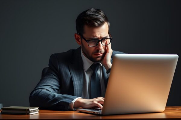 Sad business man using laptop sitting at desk isolated with white highlights