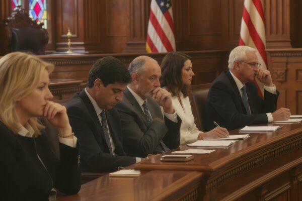 Group of Legal Professionals in Serious Discussion in Courtroom Setting