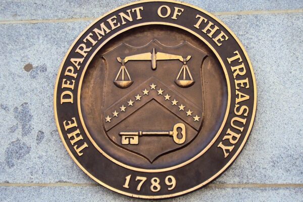 Seal of United States Department of the Treasury on the Building, Washington DC.